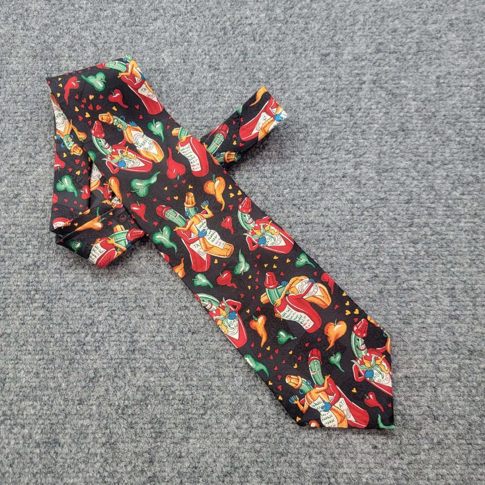 Vintage 90s Tabasco Mens Silk Tie Black Dancing Chili Peppers Hot Sauce USA Made